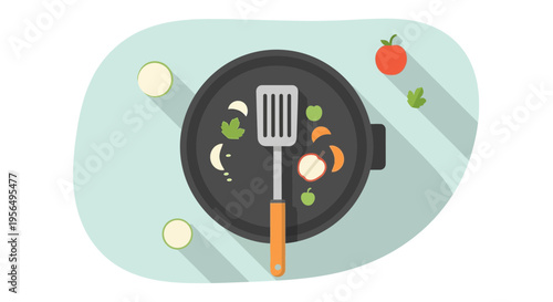 Top-down view of a cooking pan with vegetables and a spatula in a stylized cartoon style