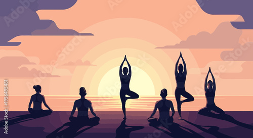 Tranquil sunset yoga session with silhouettes in minimalist design with calming atmosphere