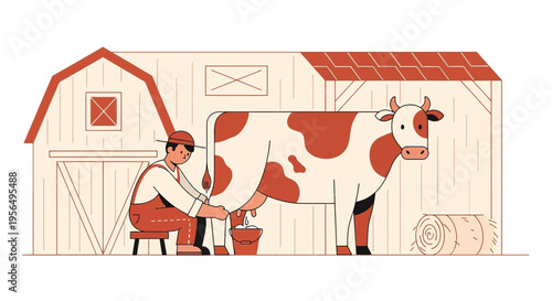 Traditional dairy farmer milking a cow by hand in a rural countryside barn scene illustration