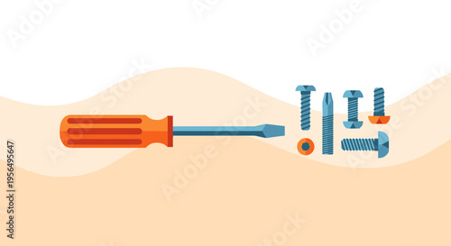 Vector flat illustration depicting a screwdriver and various fasteners for construction projects