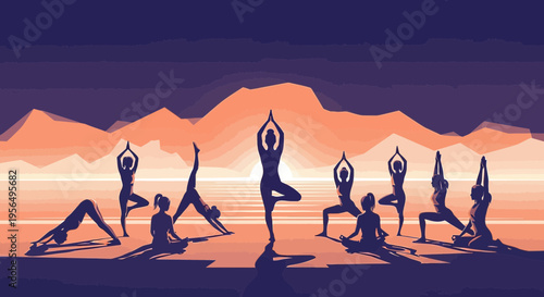 Vector illustration depicting a group of people practicing yoga outdoors at sunset scenery