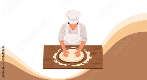 Vector Illustration of a Baker Kneading Dough on a Wooden Surface for Breadmaking