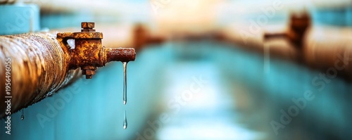 Dripping water from a rusty industrial pipe valve, capturing the essence of water waste, corrosion and aging infrastructure against a bokeh blue. Leak, Conservation