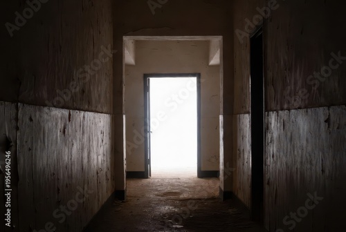 Thriller investigation unfolds in abandoned hallway mysterious atmosphere dark perspective