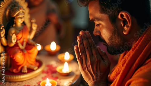 Praying man with folded hands in front of goddess statue and illuminated candles during festival celebration. Spiritual atmosphere includes devotion, light, and offerings.