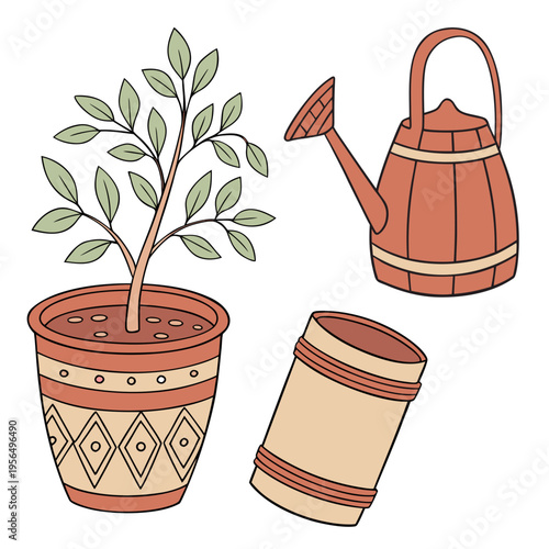Set of different terracotta pottery with handles water jug plant pot flat vectors 1