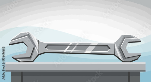 Stylized vector illustration of a metal wrench on a workbench against a cloudy background
