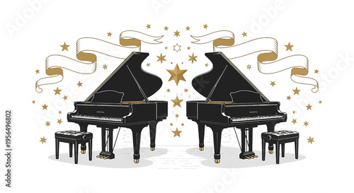 Symmetrical grand pianos mirroring each other under golden stars and ribbons for musical event