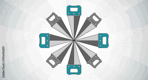 Symmetrical saw tools arrangement featuring gray blades and blue handles on white background
