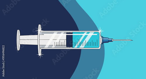 Syringe with blue fluid on a blue background illustration represents medical equipment