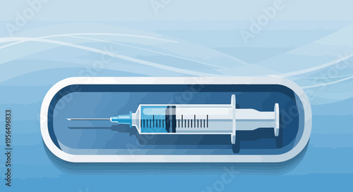 Syringe with solution on blue background ideal for healthcare and medicine related concepts