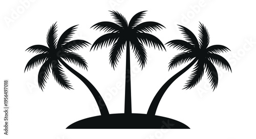 Black silhouette of three palm trees on a small island isolated on white background
