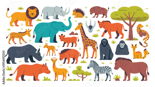 colorful cartoon safari animals on white background