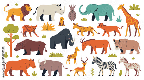 colorful cartoon safari animals and plants on white background