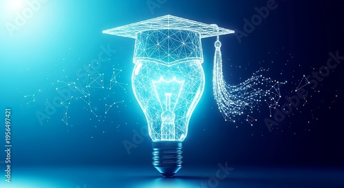 Digital light bulb with graduation cap symbolizing education and innovation in glowing blue design
