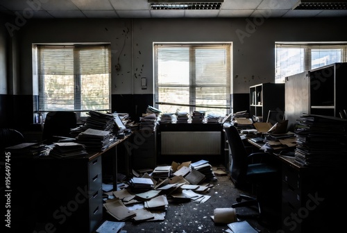Investigation unfolds in abandoned office thriller atmosphere dark environment