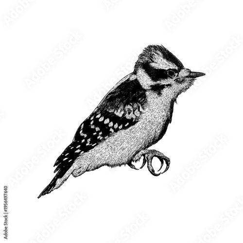 Φωτογραφία Hand-drawn vintage engraving of a Downy Woodpecker (Dryobates pubescens) isolated on white