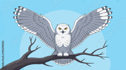 Gray owl with white face and yellow eyes spreading wings on tree branch