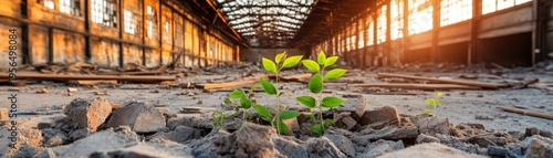 Life in Ruin Vibrant green plants emerge from broken concrete amidst a sunlit, decaying industrial building, embodying nature's enduring hope. ,Resilience ,Rebirth