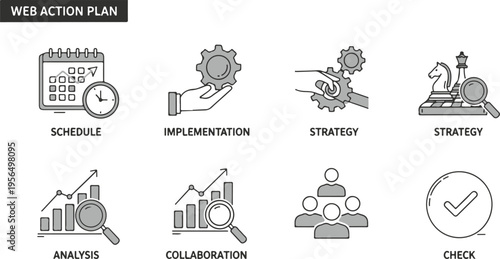 web action plan flowchart with strategy, implementation, and analysis icons in flat design