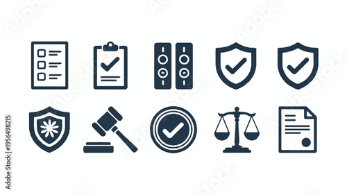 law and order check list icons with shield and gavel isolated on white background
