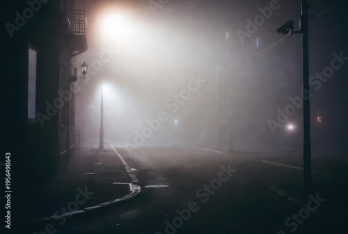 Mysterious investigation thriller unfolds on foggy streets urban nightscape