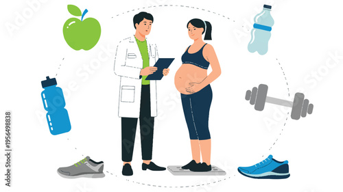 Pregnant woman and doctor discussing healthy lifestyle during pregnancy with exercise and nutrition symbols