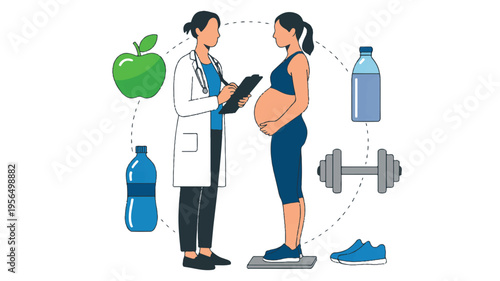 Pregnant woman and doctor discussing healthy lifestyle during pregnancy