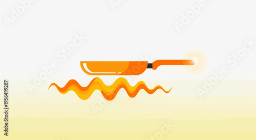 Stylized illustration of a vibrant orange frying pan over swirling stylized flame graphics