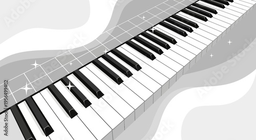 Stylized piano keyboard illustration in monochromatic tones with subtle decorative elements