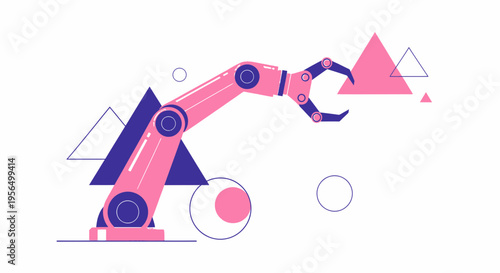 Stylized robotic arm illustration amidst geometric shapes providing visual balance and