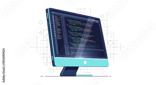 Stylized rendering of a computer screen displaying software code with line art background