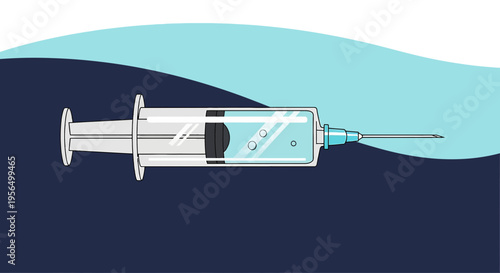 Stylized syringe with clear liquid and air bubbles on a two-tone background