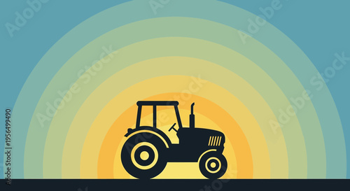 Stylized tractor silhouette with sunburst effect conveys agriculture and rural life