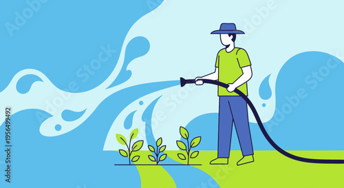 Stylized illustration of a gardener watering plants with a hose on a sunny summer day promoting