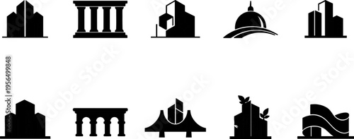 Architecture silhouette vector illustration collection, ten black icons showing diverse building styles including skyscrapers, domes, bridges, and monuments