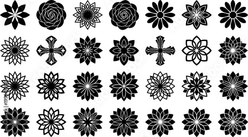Geometric floral silhouettes vector illustration featuring mandala-inspired symmetry, ornamental petal patterns, decorative abstract motifs, and layered circular designs