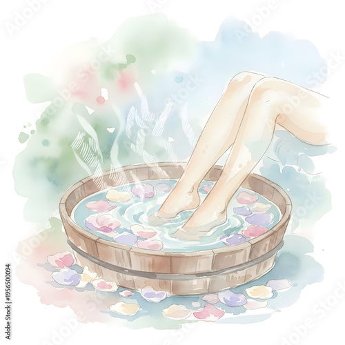 Watercolor illustration of a relaxing foot spa in a wooden tub with flower petals and steam for spa, wellness and self care treatment