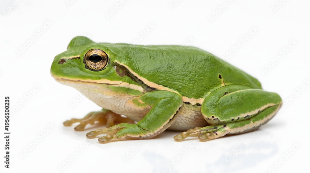 Fototapeta premium A vibrant green frog sitting on a white surface looking alert