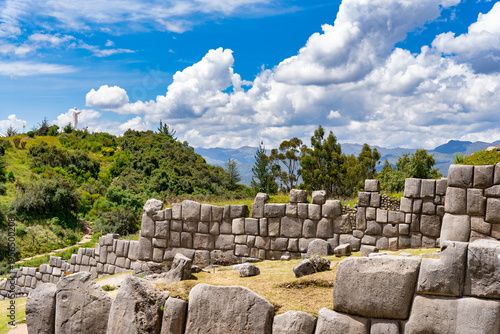 The impressive megalithic stone walls of Sacsayhuaman in Cusco, Peru
