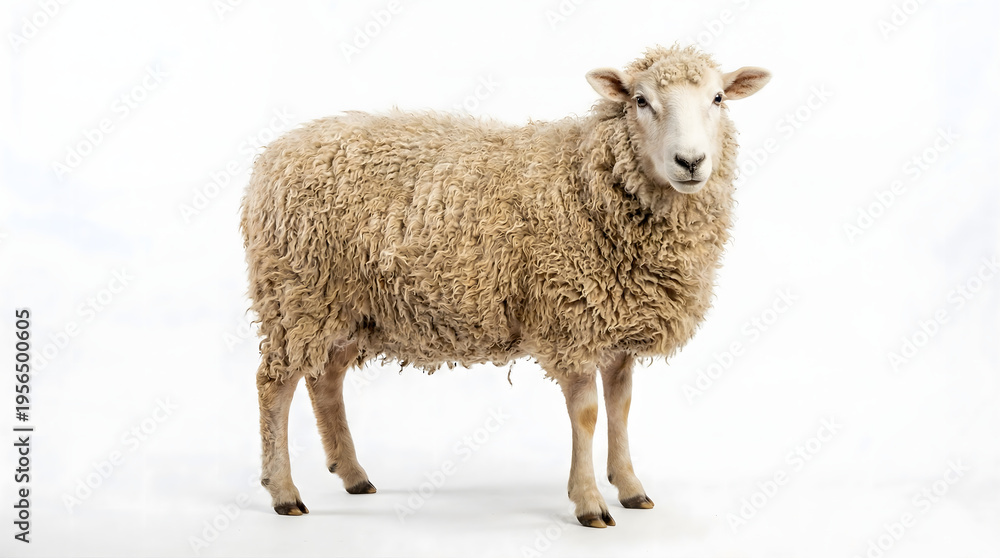 Fototapeta premium A sheep standing alone on a white background looking directly at the camera