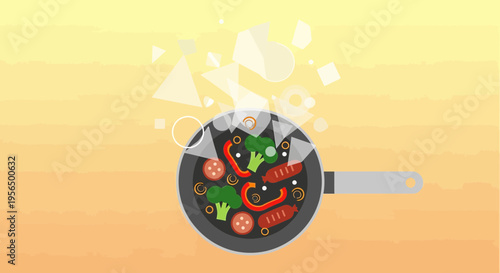 Stylized cooking process in a pan with steam and vibrant colors on warm gradient background