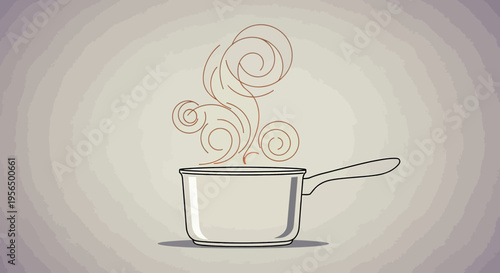 Stylized culinary illustration of a steaming cooking pot on a muted backdrop creating warmth