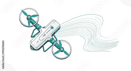Stylized depiction of a drone mid-flight, showcasing movement through fluid lines and aerial
