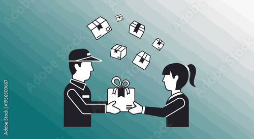 Stylized delivery illustration showcasing a transfer of packaged goods between individuals