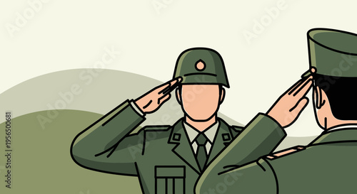 Stylized depiction of military personnel saluting in coordinated formation with olive uniforms