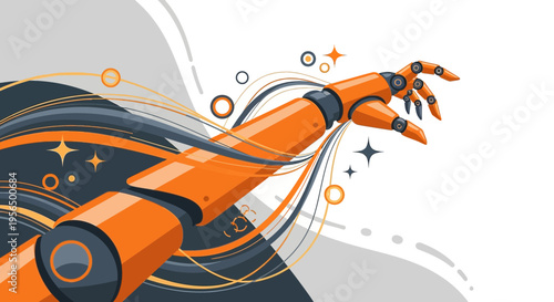 Stylized depiction of a robotic arm gesturing against abstract background elements