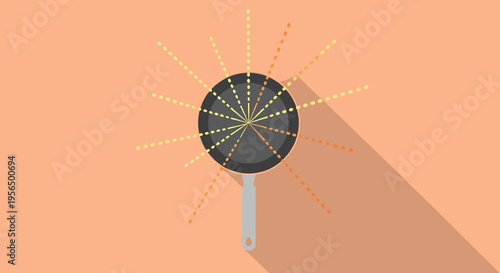 Stylized depiction of a frying pan radiating heat with a minimalist design aesthetic