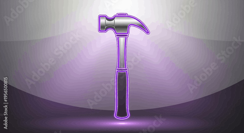 Stylized hammer with neon violet outline on a gradient background with soft reflections