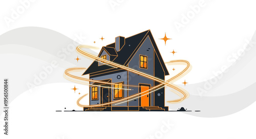 Stylized home illustration with energy swirls and glowing stars evoking comfort and security
